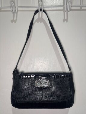 BRIGHTON Small Shoulder Bag Black Pebbled & Croc Embossed Leather $120 EUC KL